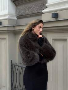 PREMIUM Women's Solid Color Long Sleeve Faux Fur Collar Elegant Jacket, Autumn/Winter - Coffee Brown - View 3