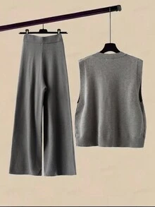 GlowEve 女装秋季3D花卉装饰针织背心和阔腿裤休闲两件套 - 灰色 - 查看 2