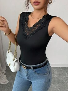 Elenzga Women's Elegant Thick V-Neck Contrast Color Lace Camisole, Casual Versatile Layering Piece For Daily Wear, Autumn/Winter - Black - View 4