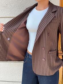 SHEIN Unity 条纹双排扣西装外套，学院风，秋冬 - 棕色 - 查看 5