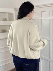 Dazy Plus Chaqueta de punto con cremallera y bloqueo de color con patrón bordado, informal y de talla grande para mujer, otoño/invierno - Albaricoque - Ver 10