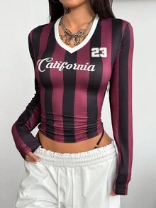 Coolane 女士秋冬返校 Y2K 复古节日夜间外出图案数字图案紧身胸衣长袖 T 恤 - 紫色 - 查看 4