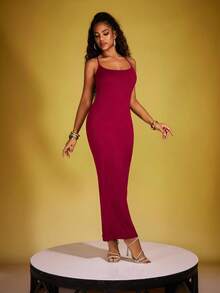 女式纯色加长褶皱修身优雅细肩带连衣裙 - 酒紅色 - 查看 3