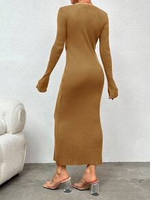 RueChic Solid Rib-knit Split Sleeve Bodycon Jumper Dress - Coffee Brown - View 2