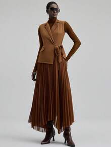 Ontre 2025 Elegant Green Dress, Suit Fabric Patchwork Chiffon, Fitted Waist, Flared Skirt, Chiffon Pleats, Sleeveless Blazer, Business Casual, Office Wear, Daily Outfit, Autumn