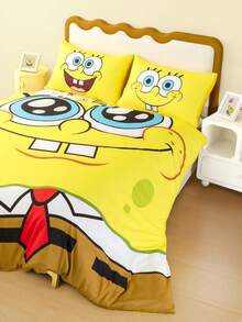 SpongeBob SquarePants | SHEIN 3 件套卡通图案羽绒被套，拉绒材质，柔软温暖，黄色羽绒被套，多种尺寸适合单人床/双人床/大号床/特大床