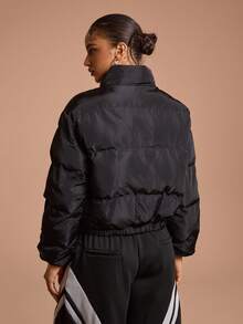 SHEIN Sports 女士休闲日常通勤简约百搭纯黑色落肩宽松立领拉链加厚外套，冬季羽绒夹克 - 黑色 - 查看 6