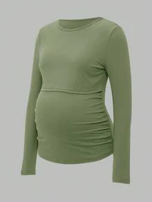 Modmama 纯色圆领长袖休闲哺乳上衣，夏季百搭 - 綠色 - 查看 14