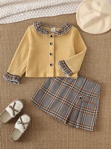PrepCrw 2 pièces Ensemble chemise à manches longues jaune et jupe plissée pour bébé fille, élégant, polyvalent, col, motif patchwork à carreaux. Convient pour les sorties, les rassemblements, l'automne et l'hiver - Multicolore - Voir 1