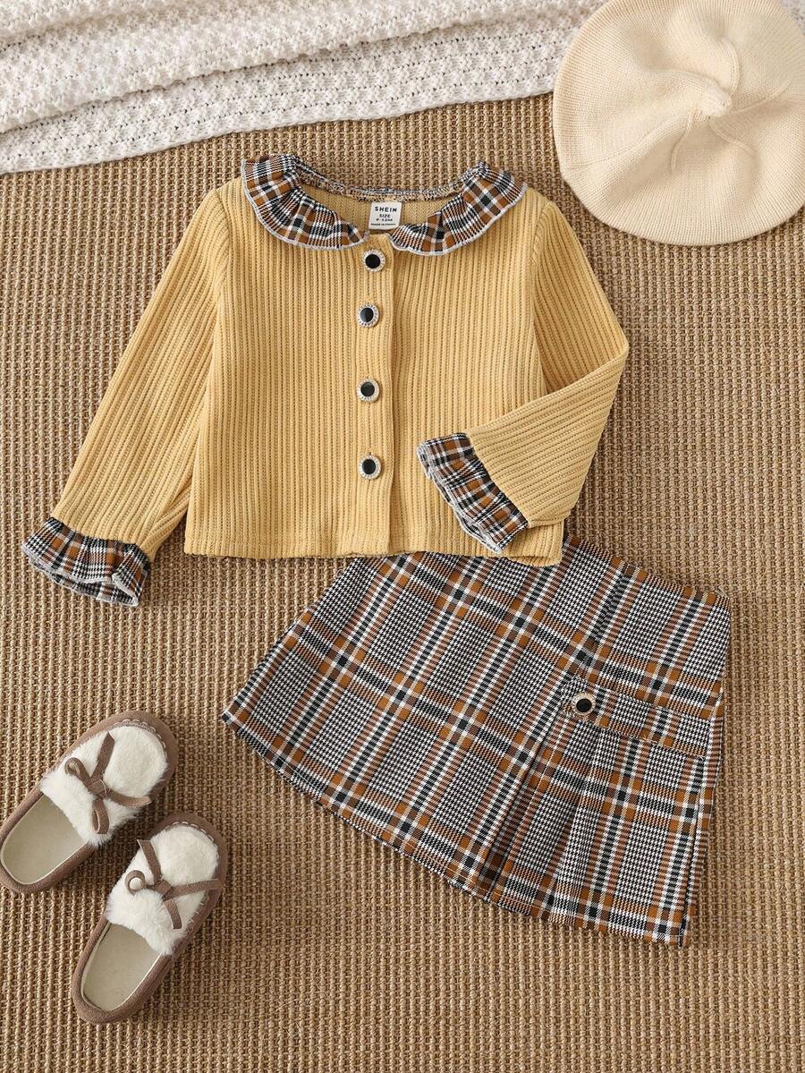 PrepCrw 2 pièces Ensemble chemise à manches longues jaune et jupe plissée pour bébé fille, élégant, polyvalent, col, motif patchwork à carreaux. Convient pour les sorties, les rassemblements, l'automne et l'hiver - Multicolore - Voir 1