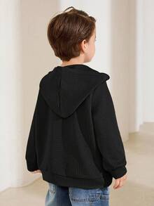 儿童/青少年男孩休闲日常百搭舒适拼接连帽长袖开衫夹克 - 黑色 - 查看 2