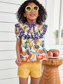 SHEIN 2pcs Young Girl Tropical Fruit Pattern Ruffle Collar Short Sleeve Top & Shorts Set,Elegant Summer,Matching,Family Vacation,Holiday Outfits For Party - Multicolor - View 4
