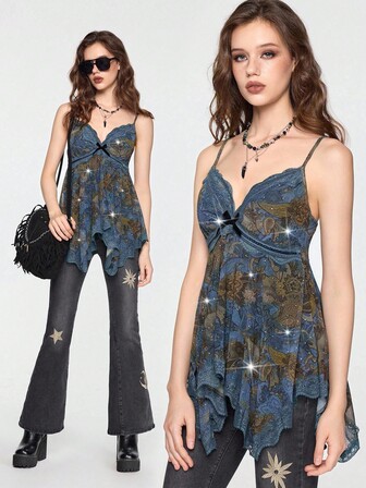 Hippie Fairycore Vintage Blumen Strass Patchwork Spitzenbesatz asymmetrisches Camisole