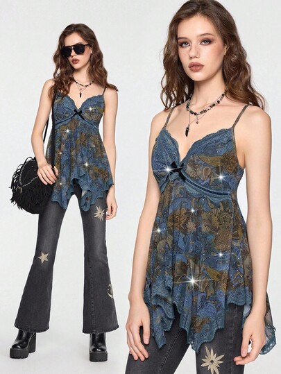 Hippie Camiseta asimétrica con dobladillo de encaje de parche de flores vintage y cristales de estilo Fairycore