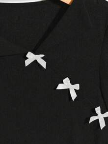 SHEIN LUNE 大码女式休闲不对称蝴蝶结装饰T恤，夏季优雅外出蝴蝶结翻领短袖修身不对称下摆经典优雅女式T恤 - 黑色 - 查看 5