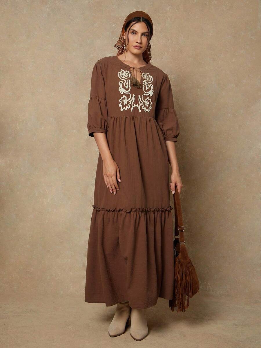 SHEIN VCAY 大码女式复古褶皱荷叶边圆领中袖夏季连衣裙 - 卡其色 - 查看 1