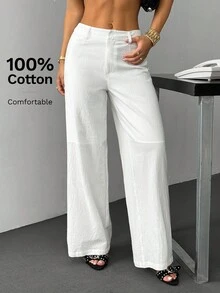 SHEIN PETITE 100%纯棉透气舒适女阔腿西装裤休闲风白色阔腿裤女白色亚麻裤女夏季女裤白色裤子白色裤子阔腿女夏季裤子女白色正装裤 - 白色 - 查看 3