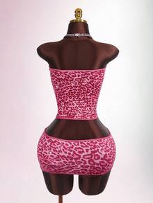 Amplova Bộ 2 món áo bandeau và chân váy mini họa tiết da báo thời trang gợi cảm dành cho nữ, mùa hè - Nhiều màu - Xem 2