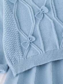 Souflis Souflis 2pcs Girls Sweater Set, Bow Decor Textured Knit Pullover And A-Line Skirt Fall Winter - Baby Blue - View 5