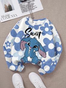 SHEIN 可爱卡通蓝色兔子图案，蓝色渐变花卉，校园街头风，少女休闲宽松保暖圆领卫衣，适合秋冬季穿着 - 彩色 - 查看 4