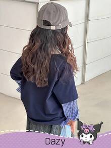 DAZY HELLO KITTY AND FRIENDS | SHEIN 小女孩圆领针织卡通印花格子拼布长袖T恤，秋季 - 藍色 - 查看 5