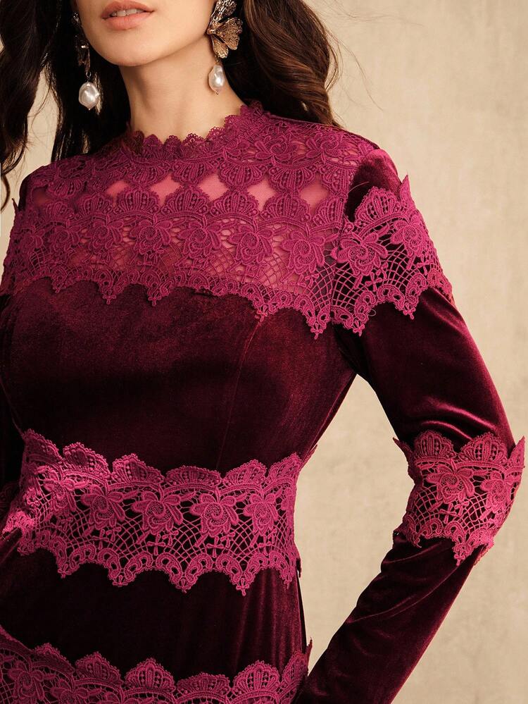 Burgundy Elegant Velvet Patchwork Lace Trim Long Sleeve Dress For Women, Suitable For Fall, Winter, New Year, Party, Wedding
