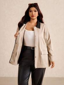 Elaquor Áo khoác Parka cổ điển thường ngày cỡ lớn có thắt eo và màu tương phản dành cho nữ, mùa thu/đông - Màu Khaki - Xem 9