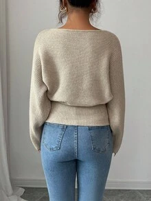 Elenzga Women's New Autumn/Winter Single-Piece Design Batwing Sleeve High-End Buttoned Minimalist Everyday Knit Long Sleeve Top - Apricot - View 2