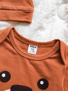 SHEIN Vintaside Kids 3 件套新生男婴棕色印花泰迪熊长袖连体衣，配有同款帽子和袜子，可爱舒适的服装 - 棕色 - 查看 6