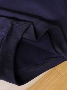 SHEIN Tween Girl Casual Elegant School V-Neck Oversized Loose Fleece Thick Long Sleeve Refined Horse Riding Print Solid Color Sweatshirt, Navy Blue,In Fall/Winter - Navy Blue - View 6