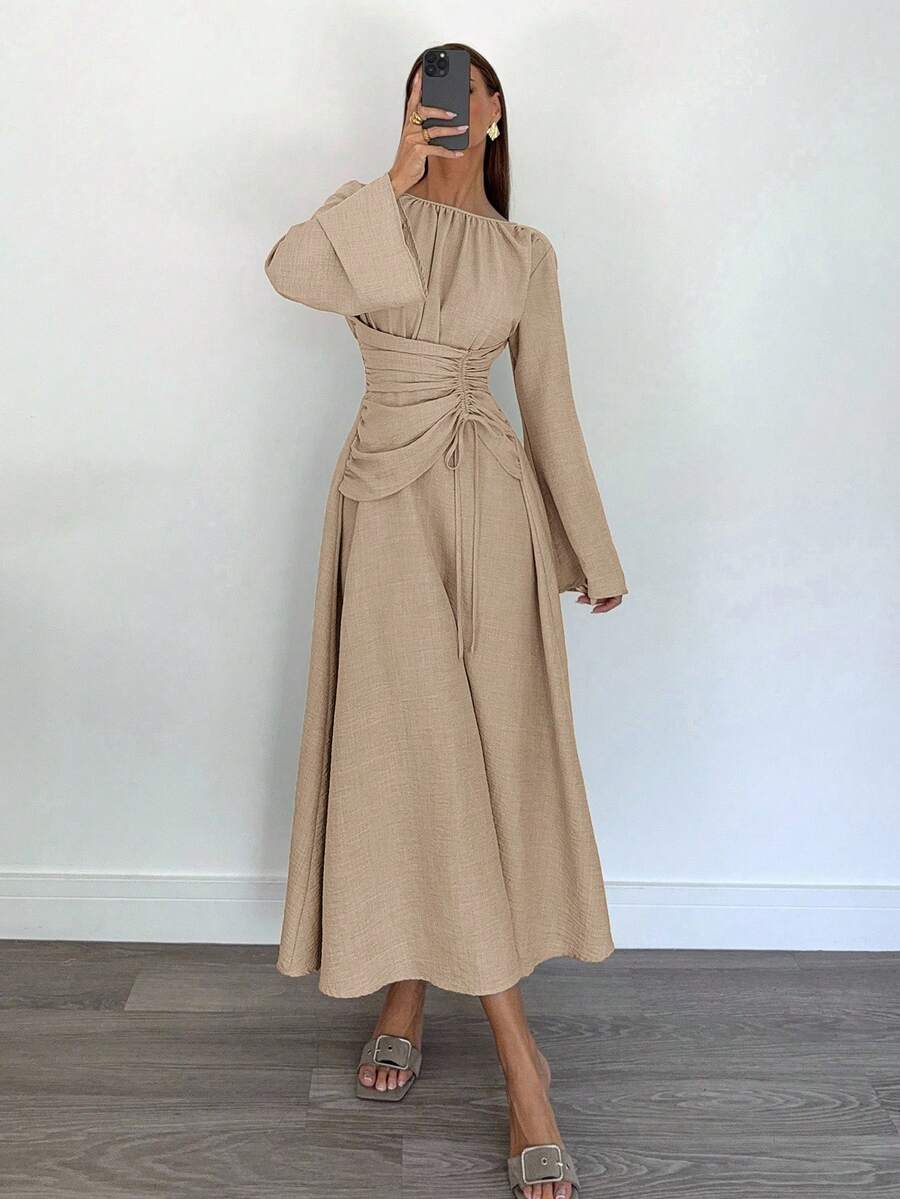 Siren Gaze Váy dài thắt eo thời trang thường ngày dành cho nữ - Màu Khaki - Xem 1