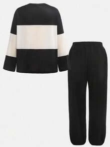 SHEIN Tween-Mädchen Street Oversized V-Ausschnitt Speed Logo Farbblock Langarm-T-Shirt und Jogginghose Set, geeignet für Straße, Sport, Herbst/Winter, Urlaub, Sommer, Reisen - Schwarz - Übersicht 3