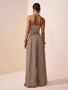 Zivah 2025 Spring/Summer New Music Festival, Easter, St. Patrick's Day, Western, Nomadic, Birthday Party, Graduation, College Style, Student Wear, Casual Everyday, Basic Versatile, Leisure, Cruise Travel, Beach, Sunbathing, Viral , Streetwear, Wedding Guest Boho, Commute, Brunch, Airport Outfit - Asymmetric Knot Design Pointed Top In Brown Textured Fabric, Flared Collar Top And Wide Leg Pants Suit, 2 Pieces Set