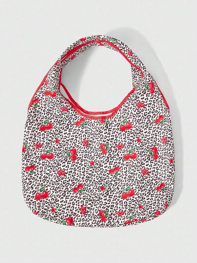 Grunge Punk 1pc Leopard Print & Cherry Blossom Pattern Fashion Portable Large Capacity Tote Shoulder Bag For Women