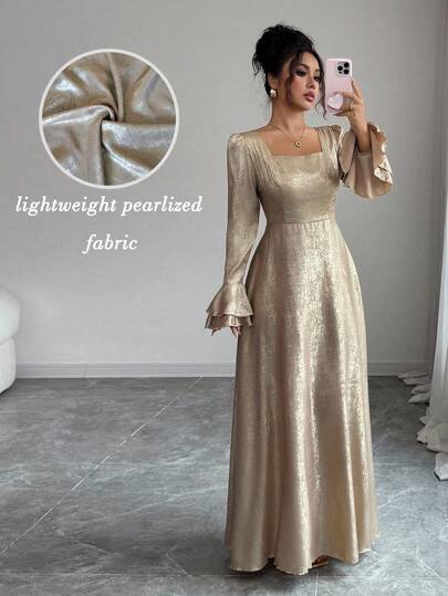 Elenzga 女士优雅浪漫荷叶边方领收腰修身喇叭形长袖连衣裙