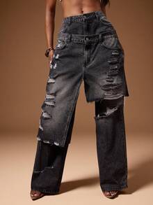 Denimoi 宽松破洞下摆重叠牛仔裤 - 黑色 - 查看 2