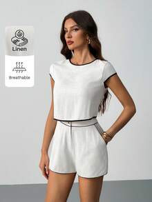 SHEIN Tall Women's Solid Color Contrast Trim Linen 2 Pieces Short Sets,White And Black Summer Chic Vacation Holiday Lounge Outfit,Ladies Layering 2pcs Short Set - Apricot - View 3
