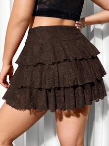 SHEIN ICON Váy midi ren cạp cao màu trơn cỡ lớn, thường ngày, mùa hè - màu nâu - Xem 4