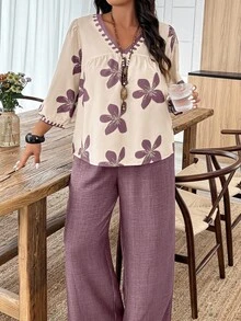 Breezaya 大码女式休闲宽松上衣和阔腿裤两件套 - 彩色 - 查看 5