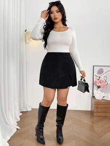 Firerie 大码女士休闲优雅简约罗纹条纹开衩短裤，百搭日常穿着，秋冬 - 黑色 - 查看 5