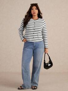 Elaquor Camiseta casual de talla grande con botones y rayas, otoño