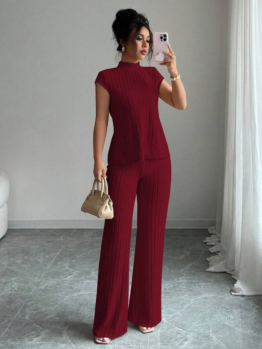 Elenzga 2 piezas Conjunto de top y pantalones acanalados de unicolor elegante y casual para mujer - Burdeos - Ver 1