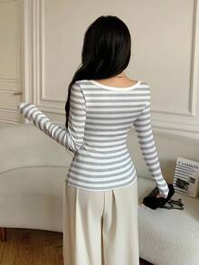INAWLY Women's Casual Fitted Grey T-Shirt, 2-In-1 Look, Suitable For Spring And Autumn - Multicolor - View 2