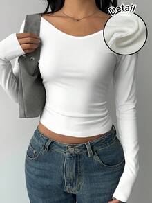 SHEIN BASICS 休闲简约罗纹宽领女式长袖 T 恤，百搭，打底衫，秋冬 - 彩色 - 查看 1