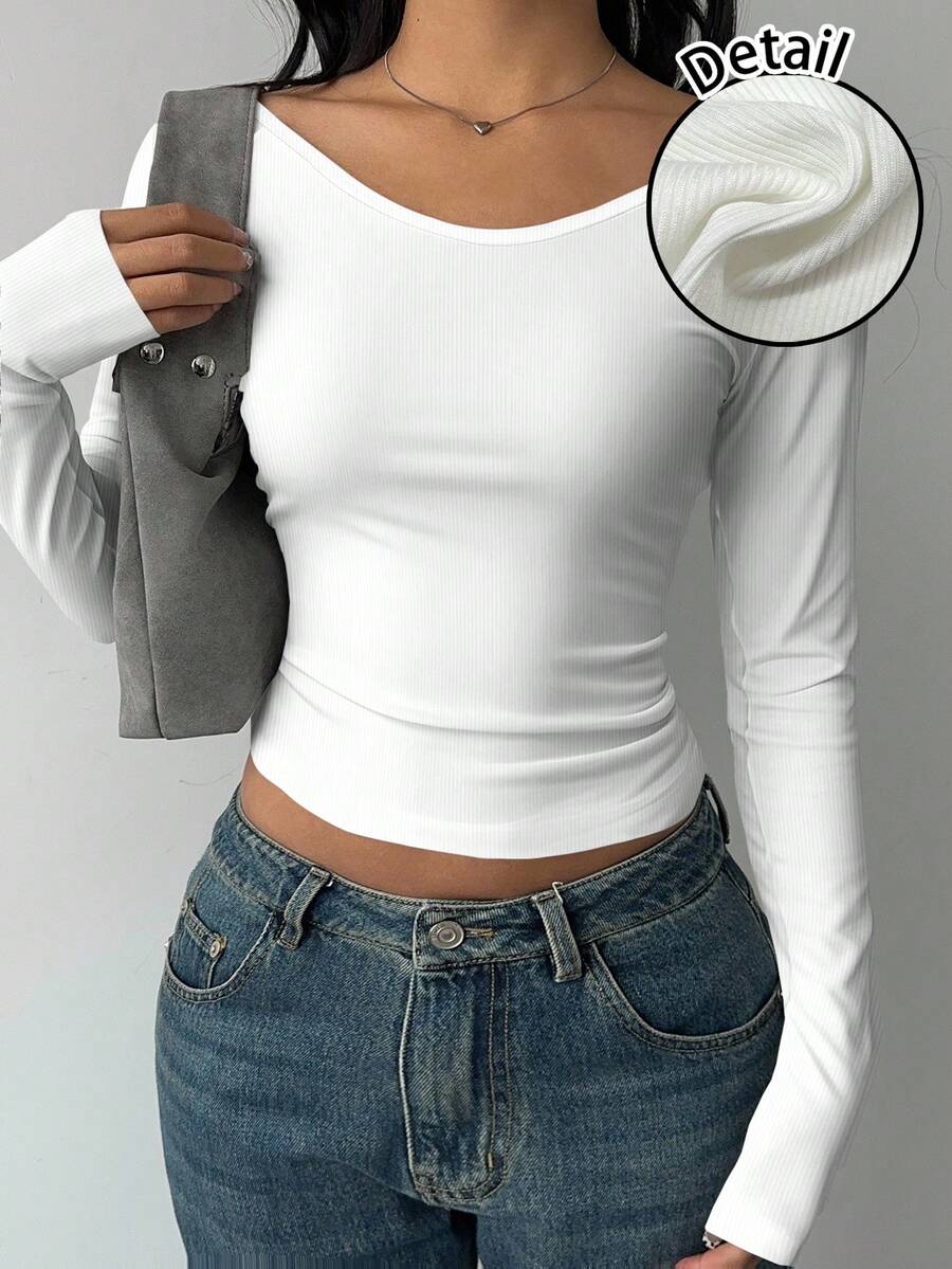 SHEIN BASICS 休闲简约罗纹宽领女式长袖 T 恤，百搭，打底衫，秋冬 - 彩色 - 查看 1