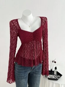 SHEIN Unity Women's Shirt,Burgundy,Summer,Elegant,Dinner Date,V-Neck,Bustier Design,Pleated Chest,Floral Collar Inset,Fitted Silhouette,Flared Cuffs,Long Sleeve - Hot Pink - View 5