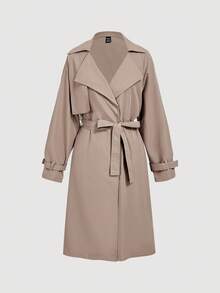 SHEIN MOD 女式休闲翻领插肩袖风衣，秋季 - 駝色 - 查看 5