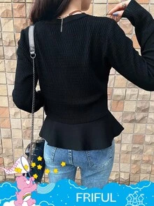 FRIFUL SHEIN X Care Bears 2 件女式字母刺绣荷叶边下摆吊带背心和开衫套装 - 黑色 - 查看 2