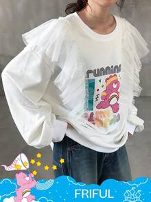 FRIFUL SHEIN X Care Bears 女士圆领撞色网眼拼接宽松卡通图案前长袖休闲T恤 - 白色 - 查看 3