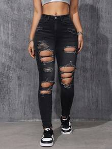 SHEIN ICON Ladies' Distressed Denim Jeans - Dark Grey - View 6